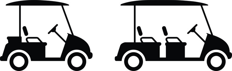 Two black silhouette icons of golf carts with canopies and wheels on white background Keywords: golf cart, vehicle, icon © MdShahin