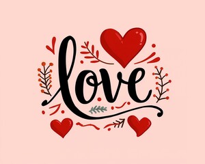 Love Word Art With Red Hearts And Floral Accents On A Pink Background