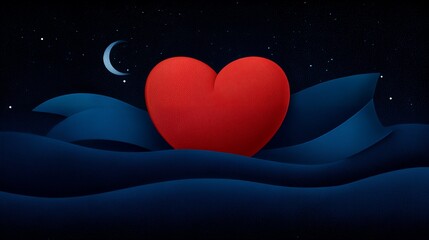 Large Red Textured Heart Floating Amidst Rippling Blue Waves Under a Crescent Moon and Starry Night Sky