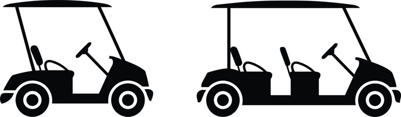 Two Golf Cart Silhouettes Side by Side on White Background Keywords: golf, cart, vehicle, transportation, sport, recreation