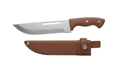 3D Hunting Knife with Brown Leather Sheath on transparent background