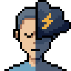 Pixel Art Conceptual Illustration of a Man's Face Split with a Storm Cloud and Lightning Bolt Representing Mental Health and Inner Turmoil