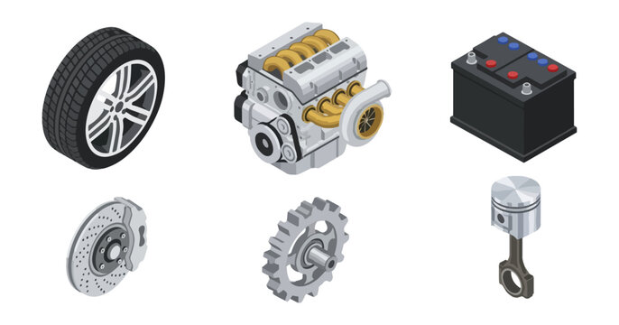 Isometric automotive components on black background for design