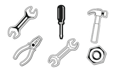 Obraz premium Set of repair tools black and white illustration