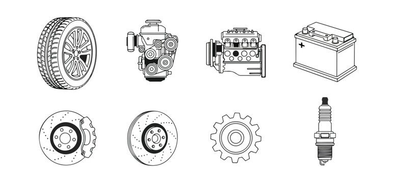 Automotive components illustration set wheel engine battery disc brake spark plug and gear