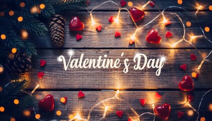 Obraz premium Valentine s day festive wooden background with fairy lights and roses