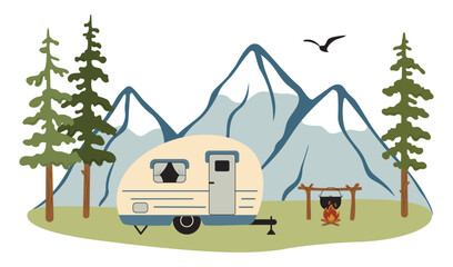 Obraz premium Vector illustration of retro camping trailer in mountain landscape. Caravan on forest meadow with pine trees, campfire and mountains. Outdoor camping concept. Flat style, isolated on white background.