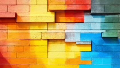 Abstract colorful background featuring a geometric mosaic of yellow stone tiles and architectural brick patterns in a seamless artistic design