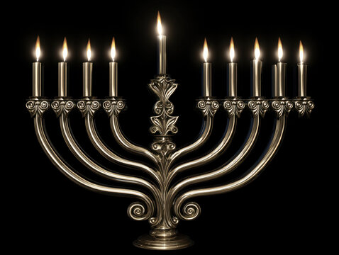Golden menorah with nine lit candle on black background, ornate metal candelabrum glowing with warm flame and elegant scrollwork for holiday celebration