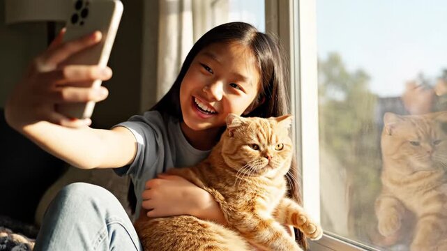 cheerful asian teenager holding big ginger cat and taking selfie on smartphone. funny pet portrait with window reflection. social media content, lifestyle blog.