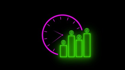 Obraz premium Neon green bar chart with dollar signs and pink clock on black background