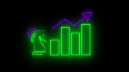 Neon green chess knight with purple gear symbol and upward trending bar graph with purple arrow
