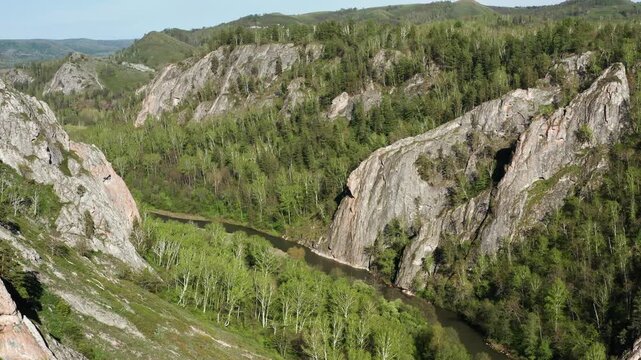 Southern Urals: Muradymov Gorge Nature Park. Aerial view.