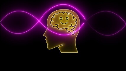 Obraz premium Silhouette of a head with a smiling brain and purple neon swirls on a black background