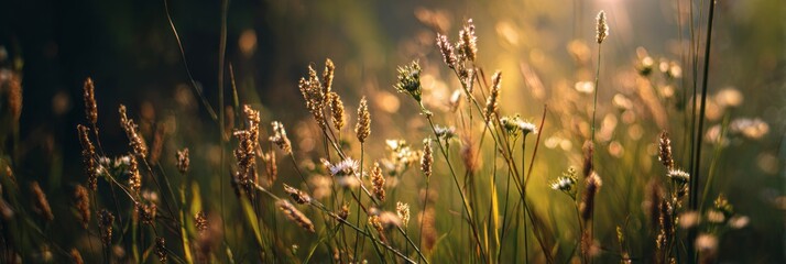 Sunlit wildflowers and grasses swaying gently in the breeze  