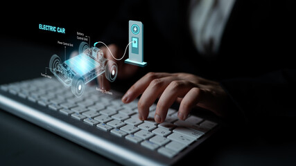 Structure of electric car showing battery system, traction motor, control units, and charging station for understanding EV functionality and energy flow Latch
