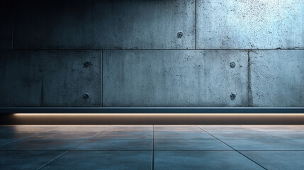 Minimalist interior with textured concrete wall and tiled floor illuminated by warm linear LED lighting creating moody industrial ambiance