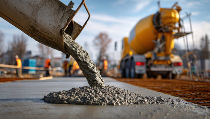 Wet concrete pouring from mixer chute onto slab with workers in background creating busy construction site atmosphere © Keopaserth
