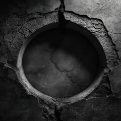 Cracked concrete circle, textured wall, circular opening, rough plaster, dark shadow, dramatic lighting