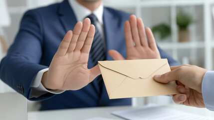 Business person rejecting an envelope symbolizing refusal, ethics, or anti-corruption concept.
