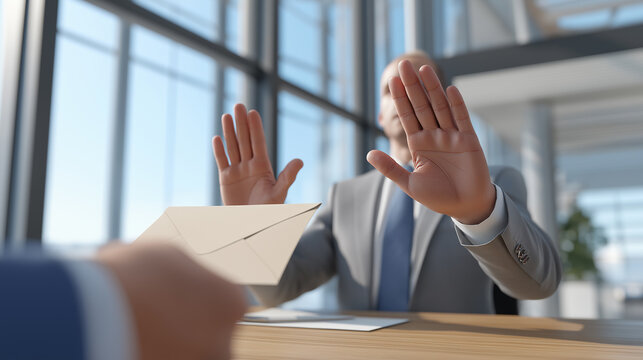 Business person rejecting an envelope symbolizing refusal, ethics, or anti-corruption concept.
