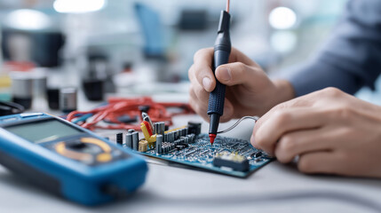 Technician soldering electronic circuit board representing engineering, repair, and hardware development.