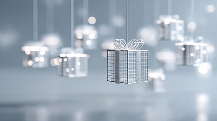 Transparent gift boxes floating in a modern interior symbolizing digital rewards or surprises.
