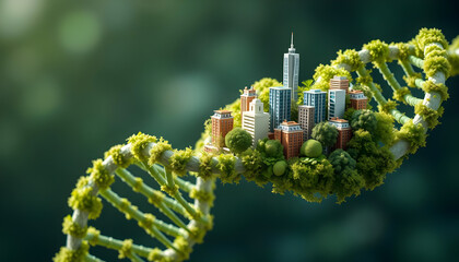A vibrant, verdant DNA double helix houses a miniature cityscape, symbolizing the intricate connection between nature and urban development. The image evokes themes of sustainability and bio-engineer