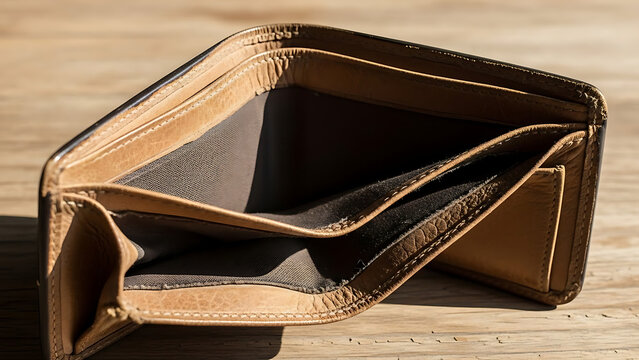 Empty brown leather wallet on wooden surface