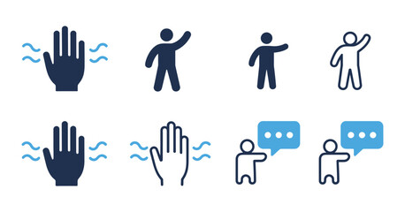 Welcome icon set, hello, hey, greeting, and bye vector with hand symbol illustration, high ranking design for communication, social media, and digital interaction graphics.