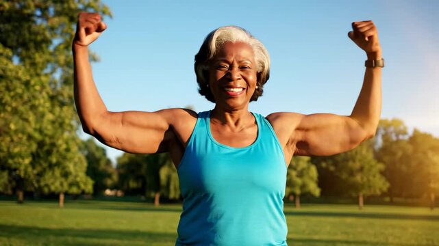happy african american senior woman flexing muscles outdoors. strong elderly lady showing biceps in blue sportswear. healthy aging and fitness concept. sport promotion, healthcare