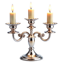 Silver Candelabra with Three Burning Candles on transparent background
