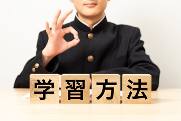 「学習方法と書かれたブロックとOKサインをする男子学生