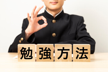 「勉強方法と書かれたブロックとOKサインをする男子学生