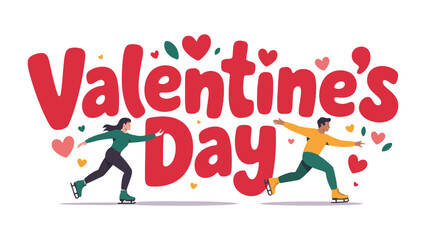 Obraz premium Valentine's Day Skating: A lively illustration of Valentine's Day features a couple ice skating, adorned with hearts, conveying a sense of romance and festivity.