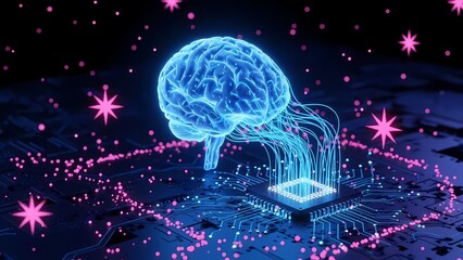 Glowing blue brain connected to microchip with pink neon lights