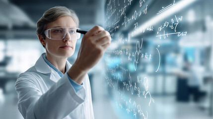 Focused female scientist writing formulas on transparent glass representing innovation research and artificial intelligence.
