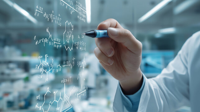 Focused female scientist writing formulas on transparent glass representing innovation research and artificial intelligence.
- Powered by Adobe