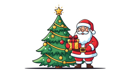 Santa Claus holding a gift beside a decorated Christmas tree, ready for holiday celebrations