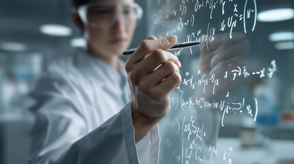 Focused female scientist writing formulas on transparent glass representing innovation research and artificial intelligence.
