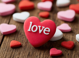 Obraz premium Red heart candy love word pink heart candy white heart candy wooden background romantic sweet valentine heart