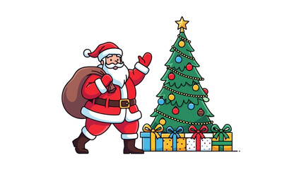 Santa Claus with Christmas Tree and Gifts Illustration