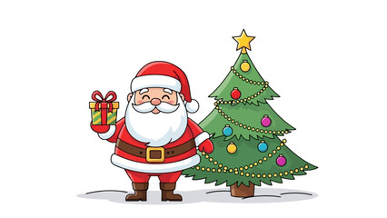 Merry Christmas Santa Claus holding a gift box standing next to a decorated Christmas tree, illustration