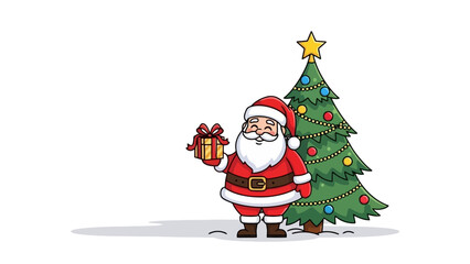 Festive Santa Claus Holding a Wrapped Gift Box Next to a Decorated Christmas Tree with a Star on Top, Ready for the Holiday Season