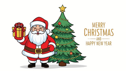 Cheerful Santa Claus with Christmas Tree and a Present for the Holidays