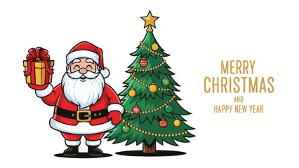 Christmas Celebration Santa Claus with Gift and Festive Tree, Wishing a Merry Holiday Season