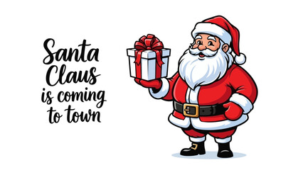 Santa Claus Coming to Town Festive Illustration of Santa Holding a Gift Box, Holiday Cheer