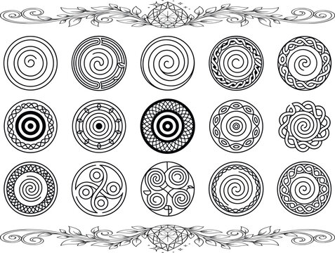 Black and white circular celtic knot with floral borders