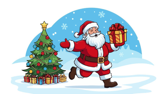 Santa Claus running with a gift next to a decorated Christmas tree in a snowy landscape.