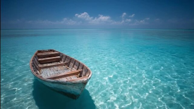 An idyllic and serene scene unfolds with a weathered wooden boat gently resting on crystal-clear, shallow turquoise waters under a vast, bright blue sky dotted with soft white clouds. The pristine oce